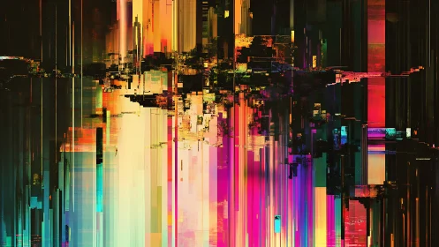 Glitch city skyline stretches in neon vertical color fields.