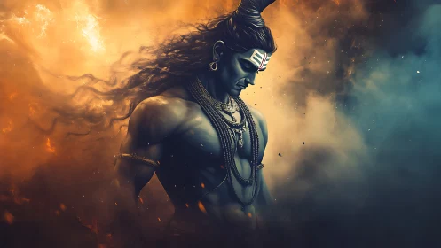 Mystical blue deity stands calm amid swirling sacred smoke