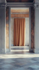 Sunlit neoclassical hall frames ochre curtain backdrop