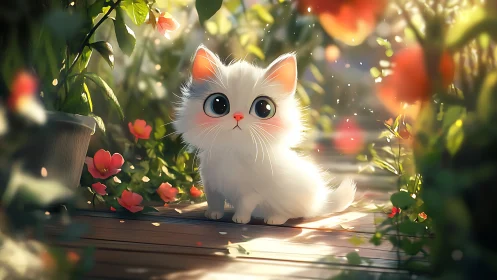 Enchanted Garden Friend: A Fluffy White Cat's Magical Moment.
