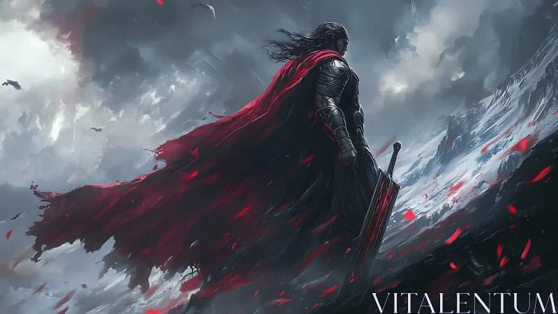 Stormbound warrior gazes over a wild, wind torn mountain pass