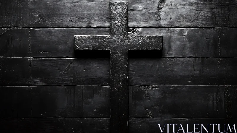Textured black cross on matte wooden plank backdrop.