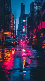 Neon soaked city street with cars in heavy evening rain.