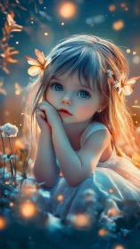 Enchanted child rests in glowing meadow at twilight