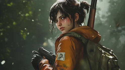 Survivor girl carries rifle and pistol in misty green forest