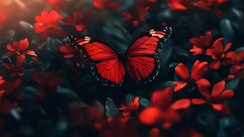 Red butterfly hovers over dark garden of glowing blossoms