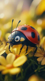 Ladybug macro study with dewdrops on yellow daisies.