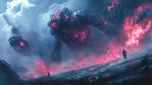 Colossal energy construct confronts two humans on rugged terrain