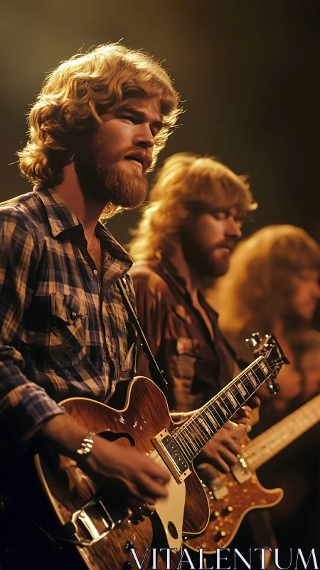 70s rock guitarists onstage under warm amber concert lighting
