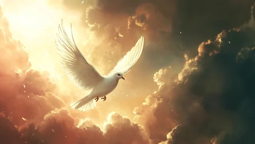 White dove soars through glowing golden storm clouds.