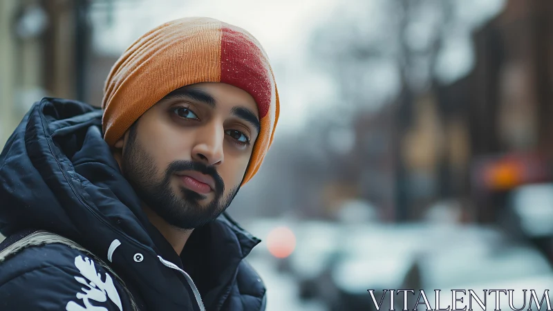 Winter street portrait with orange beanie and soft bokeh background.
