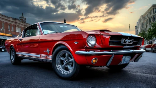 Classic red muscle car under dramatic urban sunset light.