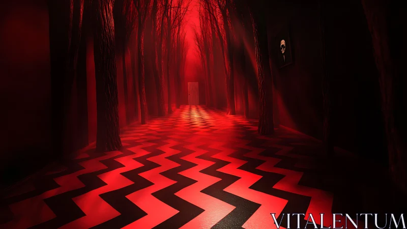 Surreal red corridor with zigzag floor and distant door.