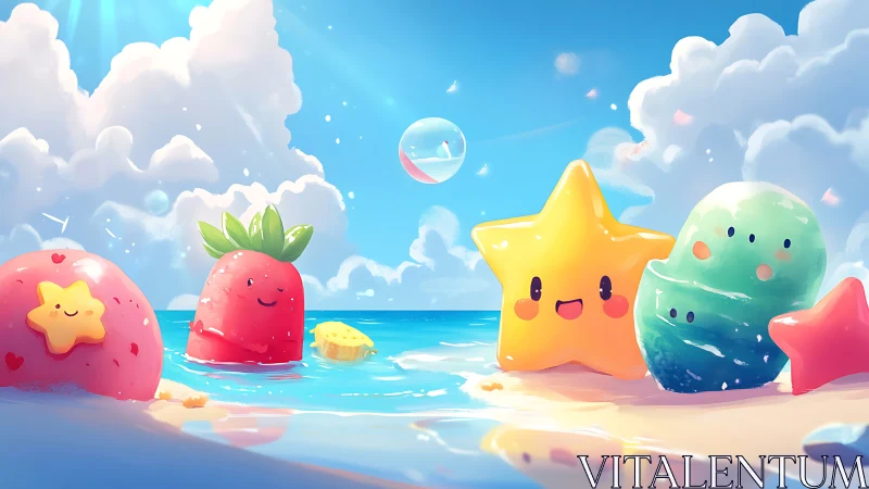 Smiling kawaii beach characters bask under a bright summer sky