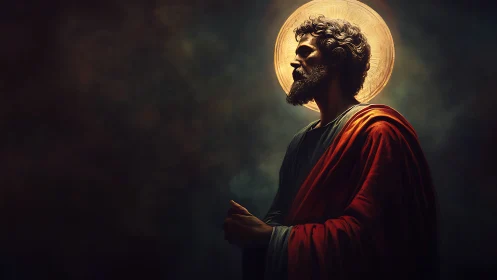 Saintly figure glows in contemplative light against darkness