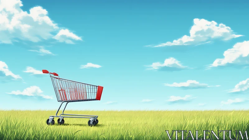 Shopping cart stands alone in bright open grassland field