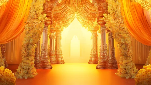 Golden petals pour light into a royal mandap gateway