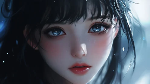 Moody anime portrait with luminous blue eyes in focus.
