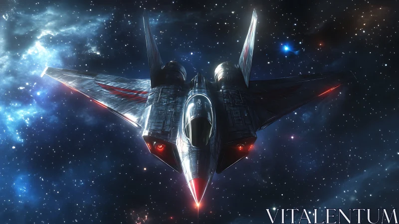 Sleek futuristic starfighter cruising alone in deep space.