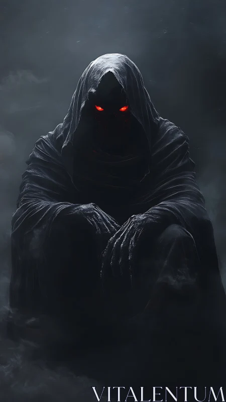 Shrouded wraith with burning red eyes in moonlit fogscape.