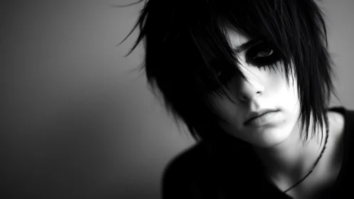 Monochrome emo portrait with heavy black eye makeup.