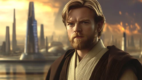 Cinematic Jedi portrait with shallow depth and soft rim lighting