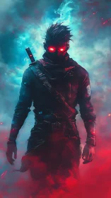 Cybernetic rogue with neon eyes in bifurcated smoke field.