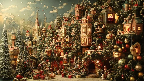 Miniature snowy Christmas village fills dense festive scene