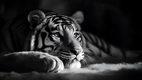 Resting tiger in dramatic black and white close-up shot.