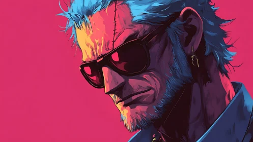Stylized male portrait with sunglasses and scar profile view.
