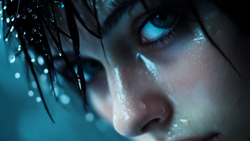 Intense blue eyes hold a quiet story in the misty glow