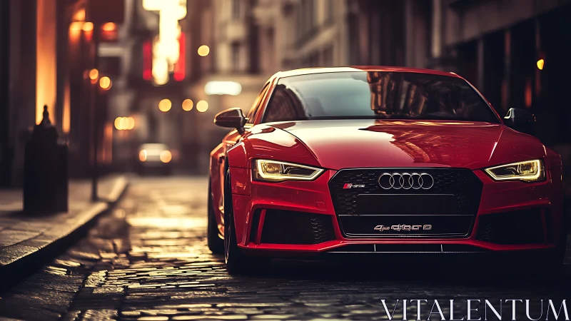 Red sports coupe dominates moody cobblestone city street.