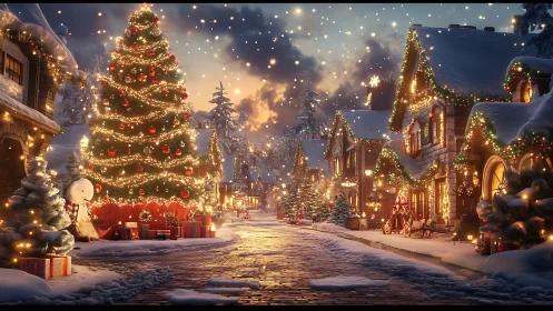 Snowy village street under glowing Christmas tree lights.