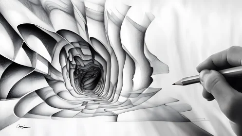 Hand renders vortex-like graphite tunnel with layered shading dynamics