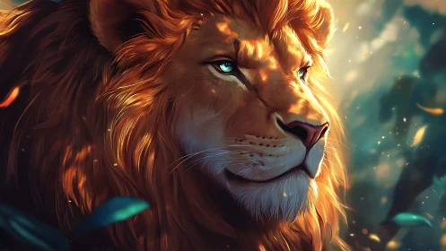 Cinematic lion portrait in dappled backlight with teal eyes
