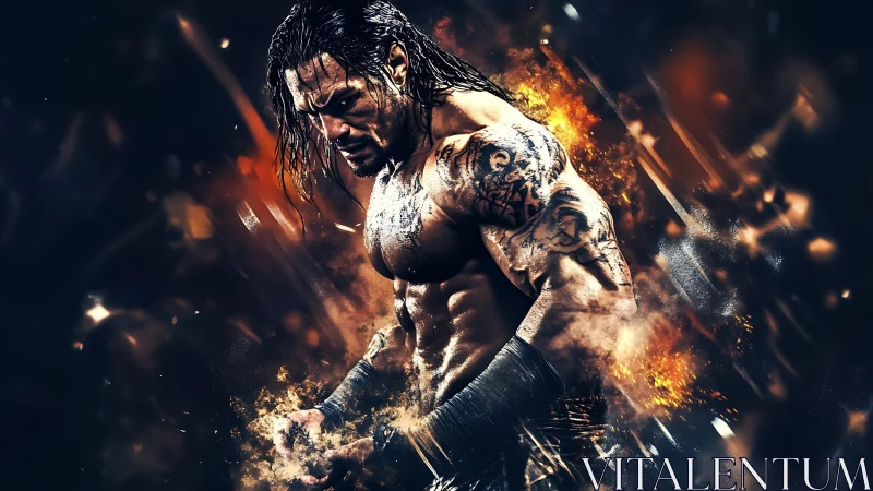 Muscular tattooed fighter in dynamic fiery composition.