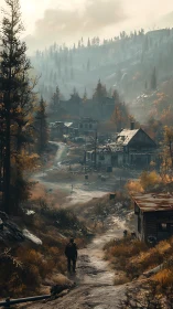 Solitary figure on path approaching rural valley settlement.