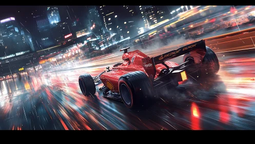 Red Formula race car storms through neon city streets at night.