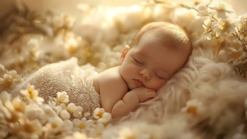 Newborn Baby Sleeping Among Flowers.