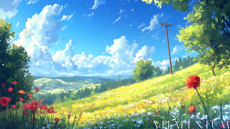 Sunlit wildflower hills hum under bright electric blue sky.