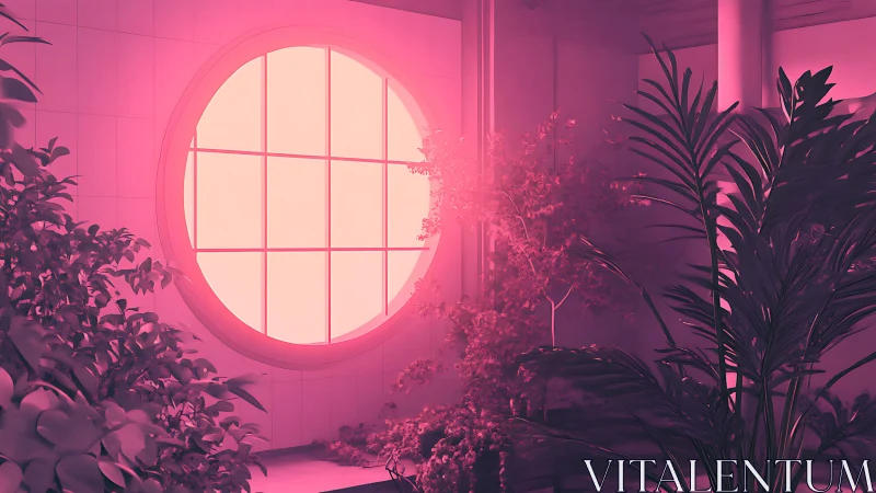 Radial window bathes indoor foliage in monochromatic magenta light