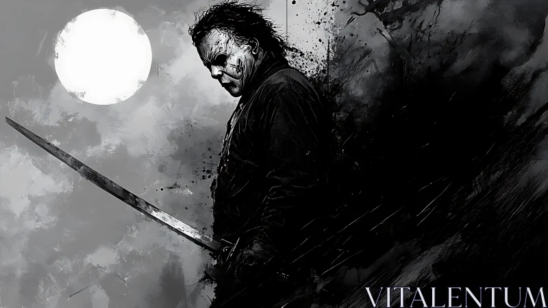 Monochrome slasher silhouette under full moon with splatter decay