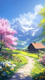 High-altitude spring valley with chalet and receding path.