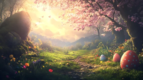 Whimsical spring path with secret heart-speckled eggs aglow.