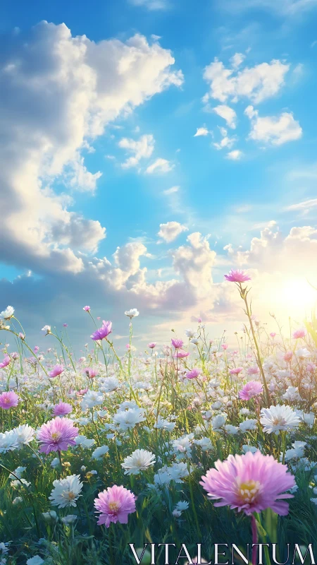 Wildflower meadow under bright blue sky at sunrise.