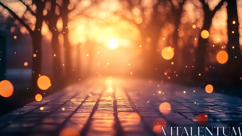 Golden dusk path glimmering with wandering firefly echoes.