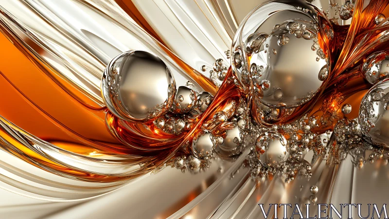 Molten chrome spheres in flowing amber metallic ribbons.