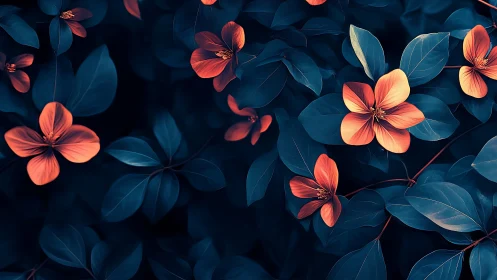 Coral Flowers and Teal Foliage on Dark Background.