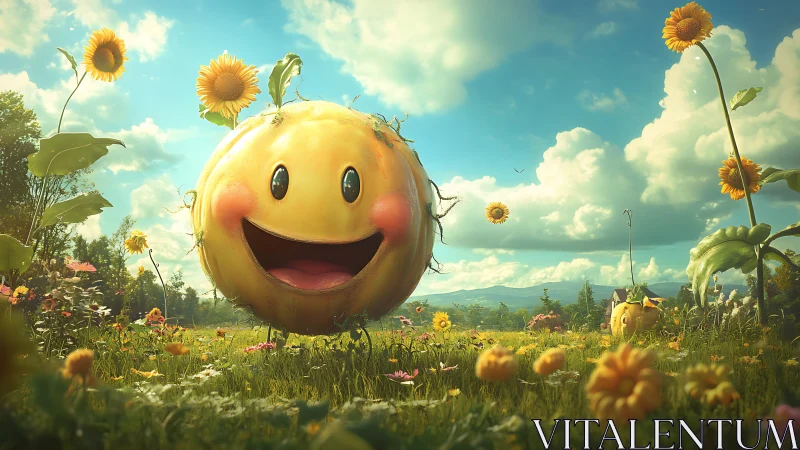 Smiling spherical fruit character anchors whimsical meadow scene