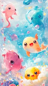 Kawaii aquatic creatures in luminous pastel underwater scene.